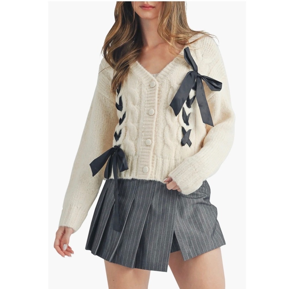 All In Favor Cable Knit Ribbon Cardigan Beige Black Lace Up XS LT21358-001